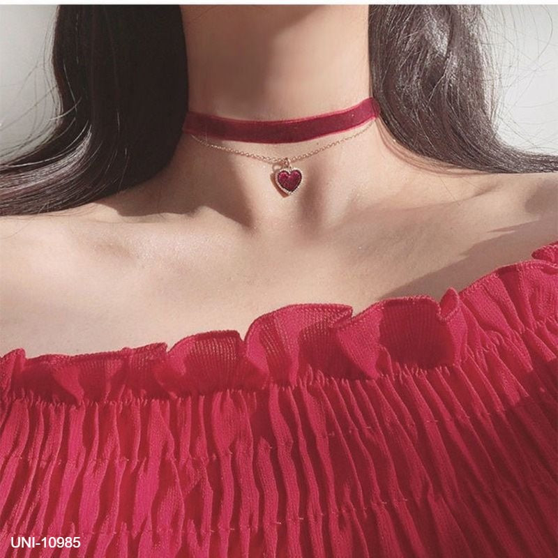 UNI-10985 - Velvet Neck Maroon Heart  - Necklace