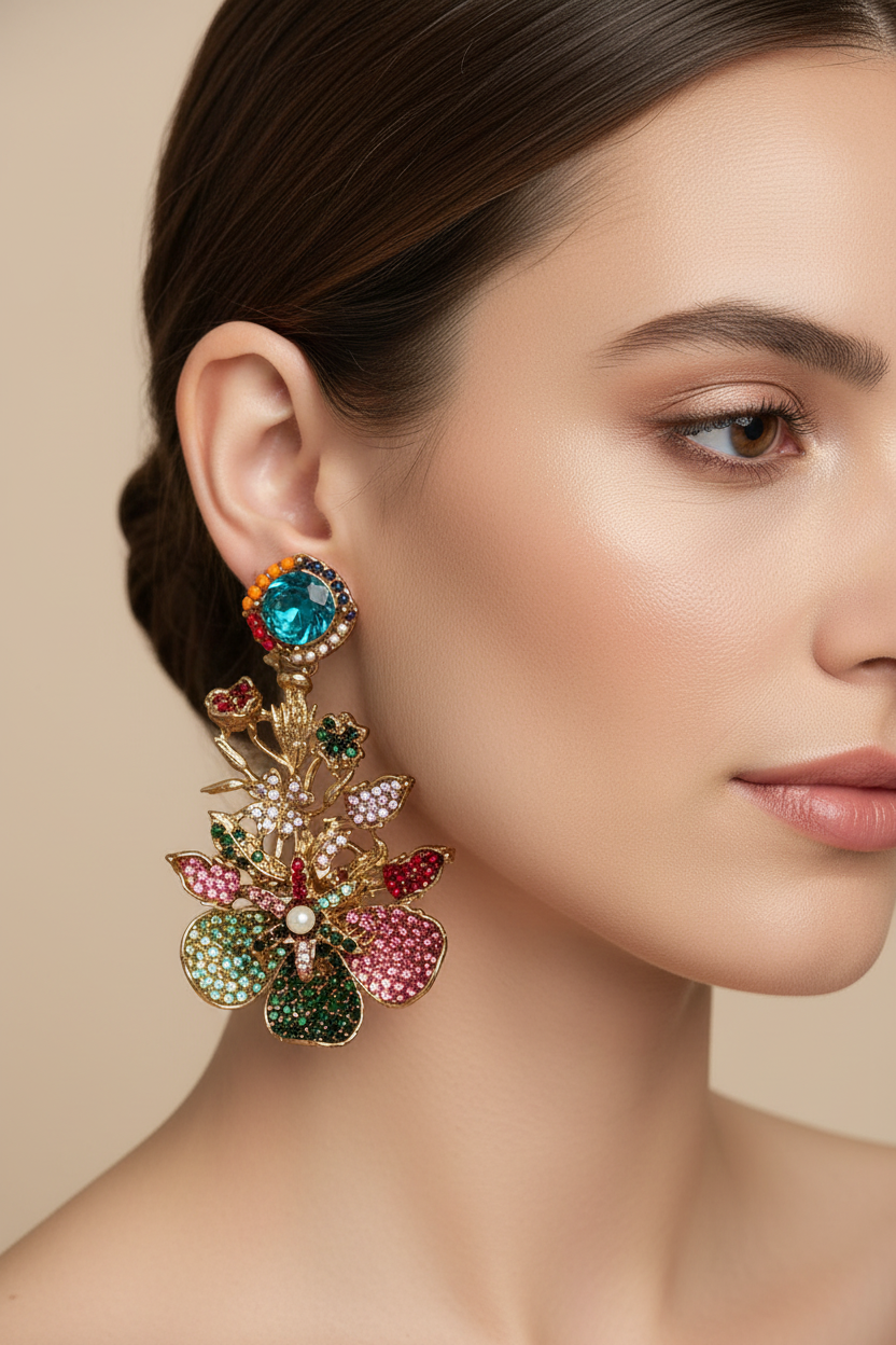 PJ-141 - Multi Diamonds Flower Vintage Gold  - Earring