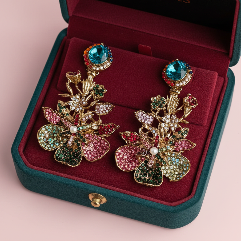 PJ-141 - Multi Diamonds Flower Vintage Gold  - Earring