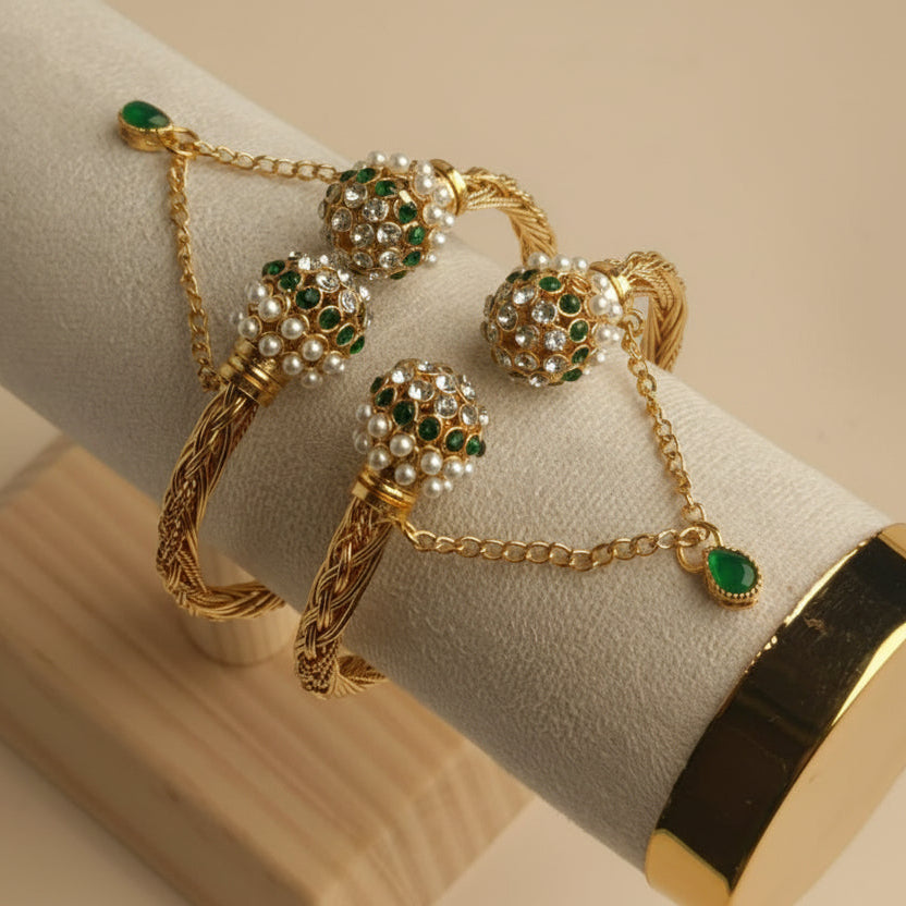 CH-70 - Luxury Pearl & Emerald Green Diamonds Gold - Bangle Set Of 2