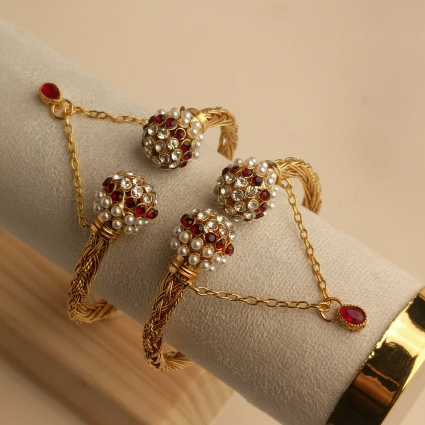CH-71 - Luxury Pearl & Maroon Diamonds Gold - Bangle Set Of 2