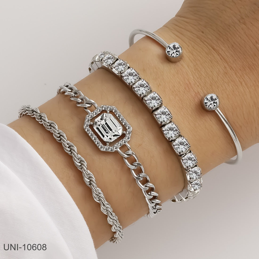 UNI-10608 - Classy Diamond & Silver Chain - Bracelet Set of 4