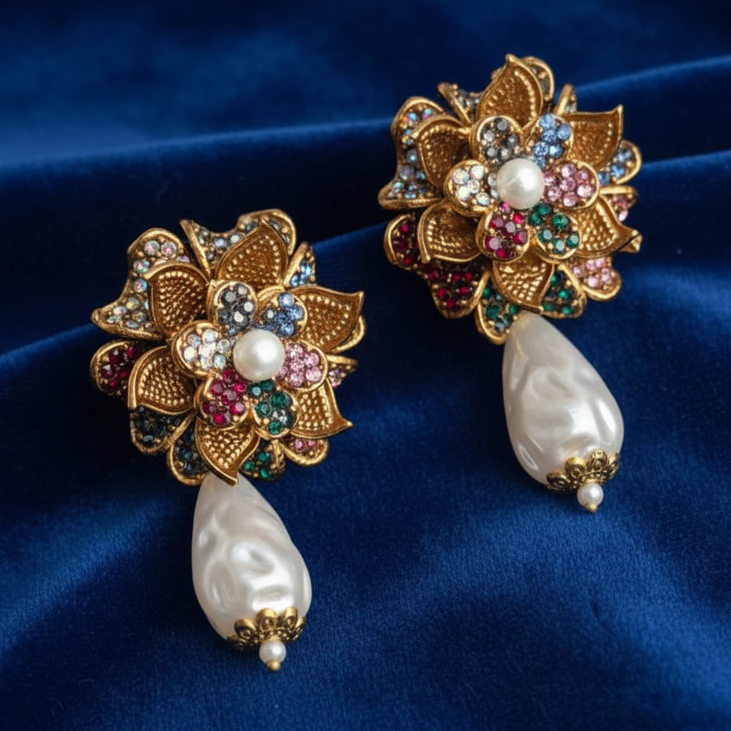 PJ-191 - Multi Flower  Luxury Vintage Gold  - Earring