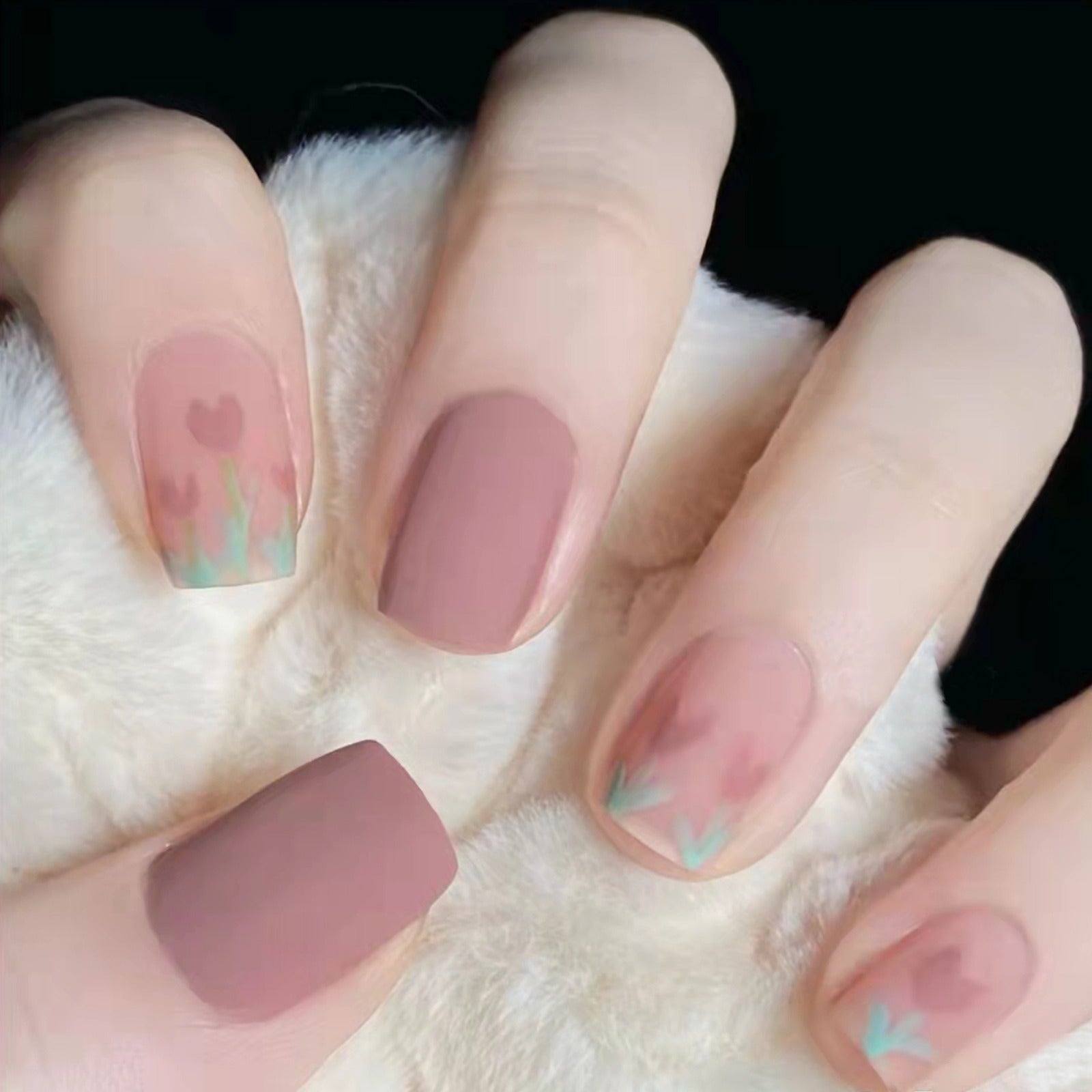 N-130 - Morandi Pink &Flowers - Press On Nail Set Of 24
