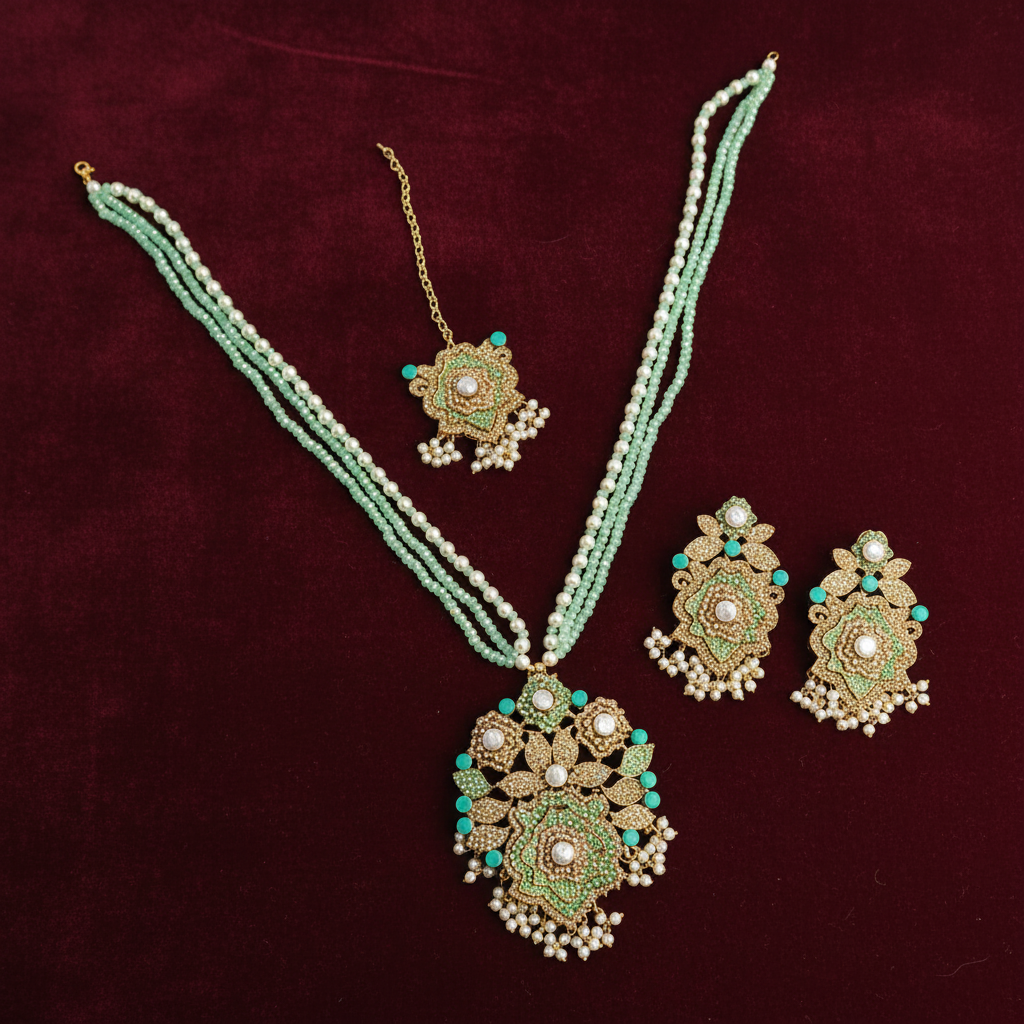 PJ-166 -  Luxury Pearl & Diamonds Mala - Jewelry Set Style 1