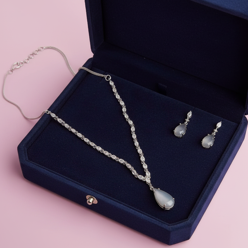 PJ-137  - Mate White Natural Stone Rain Drop Diamonds Silver - Jewelry Set Of 2
