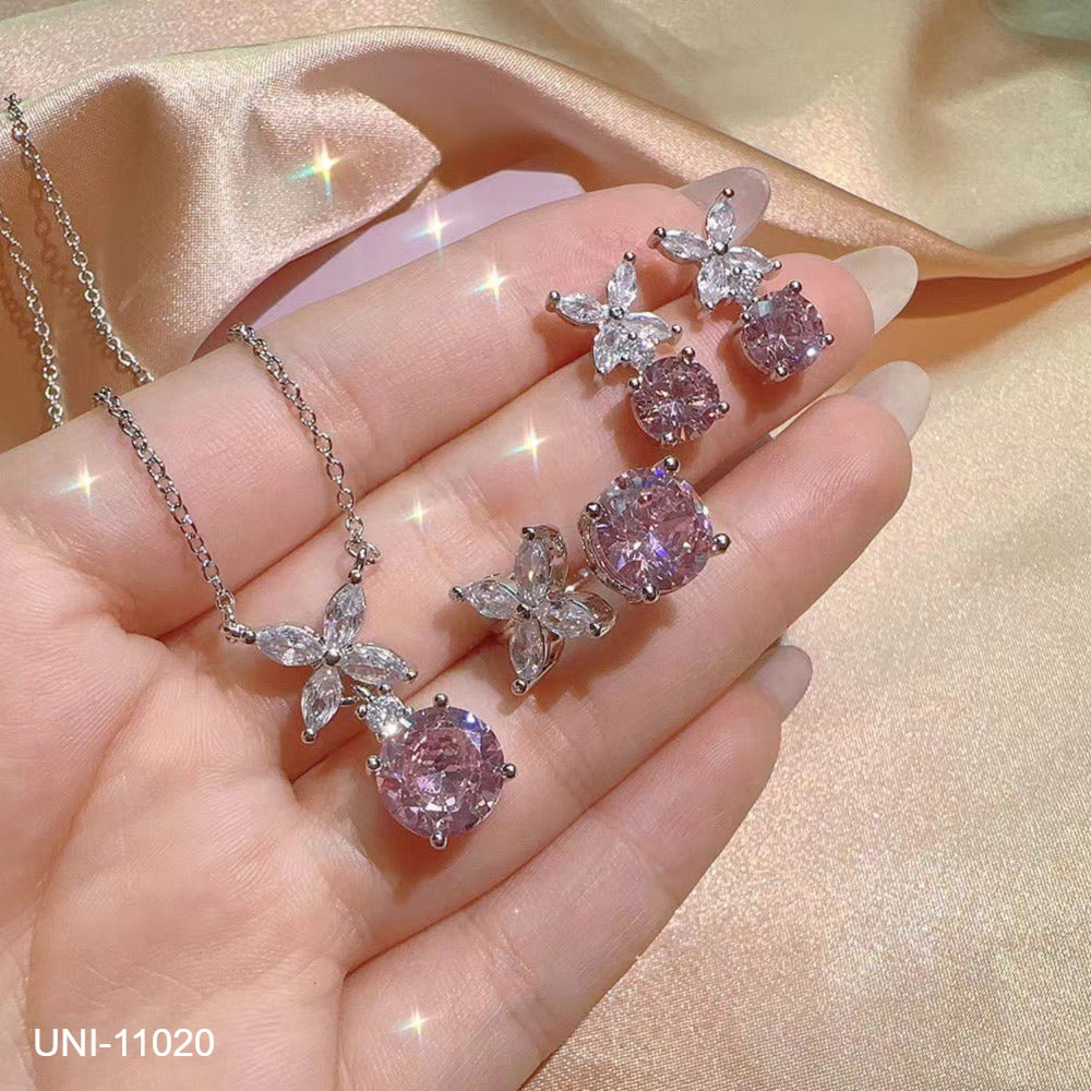 UNI-11020 - Pink Flower Diamond Silver - Jewelry Set