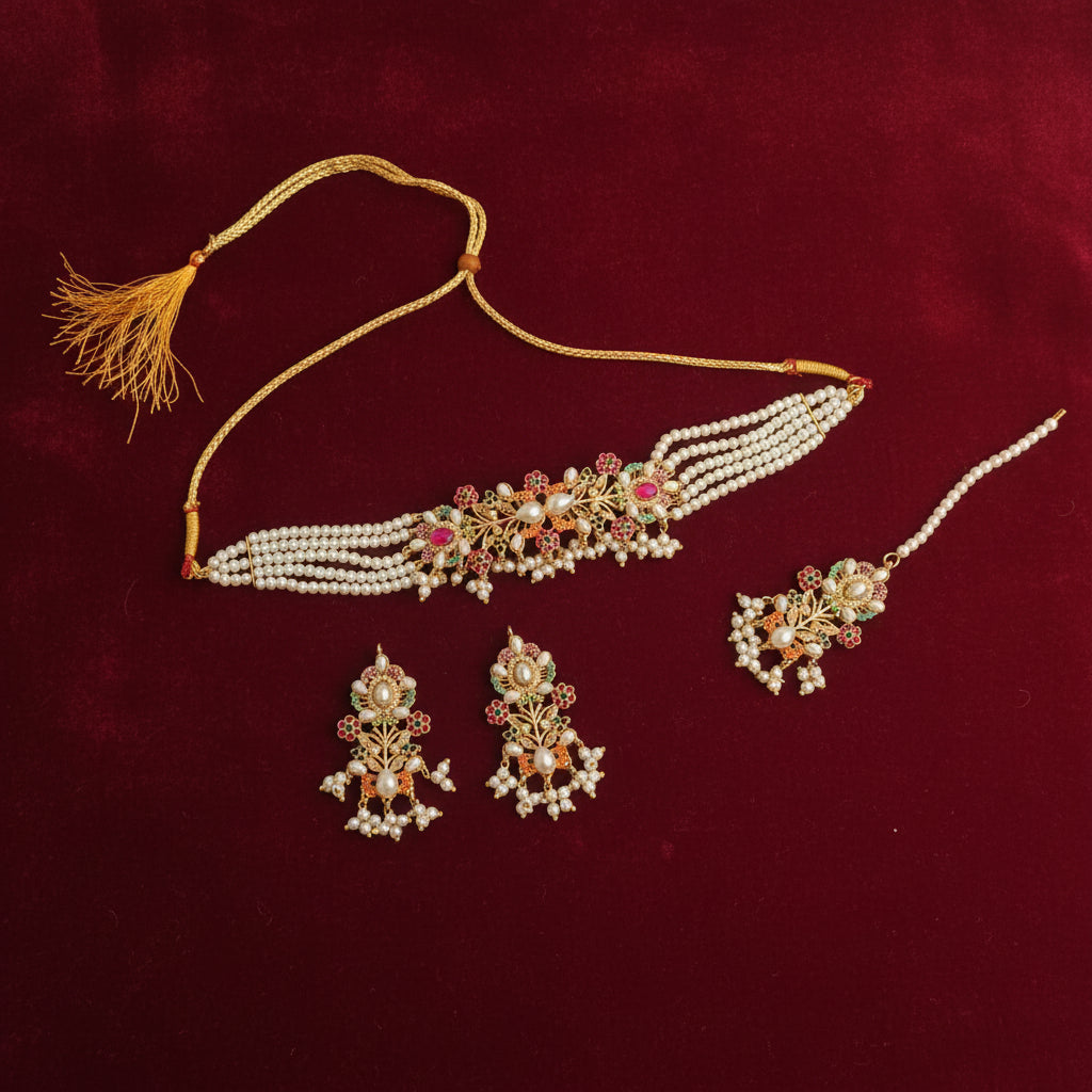 PJ-155 - Pearls & Gold  Mala - Jewelry Set