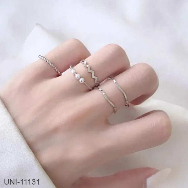 UNI-11131 - Pearl & Sleek Silver  - Ring Set Of 5