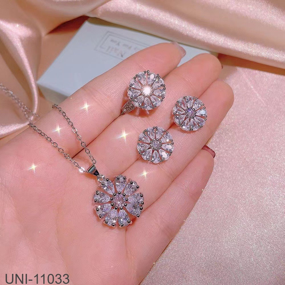 UNI-11033 - Pink Diamond Flower Silver - Jewelry Set