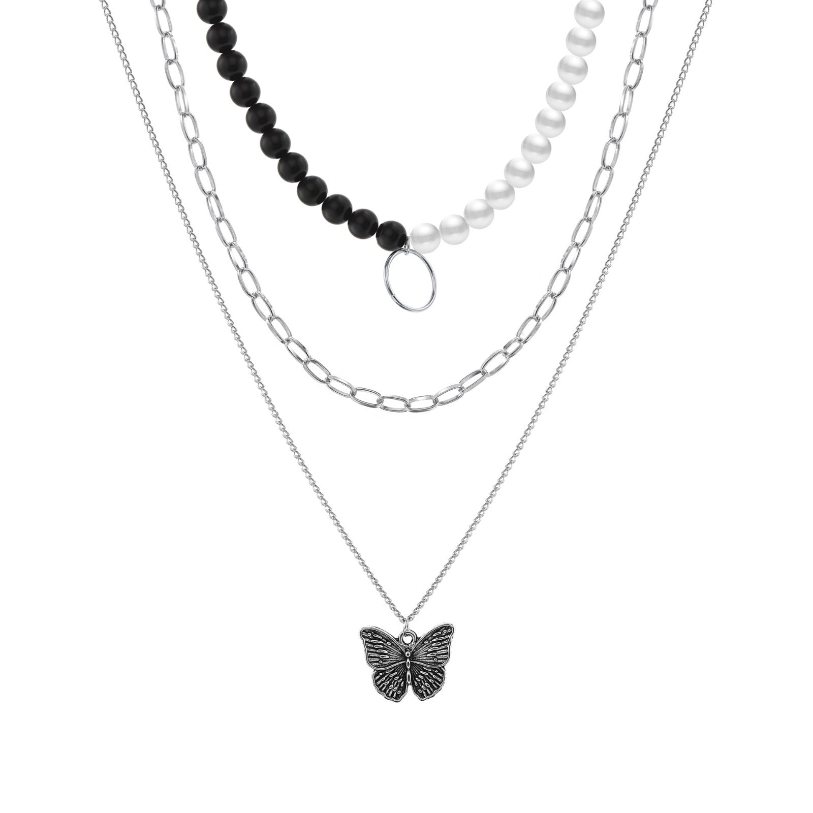 UNI-10659 - Retro Butterfly & Beaded Pearl - Necklace Set Of 3
