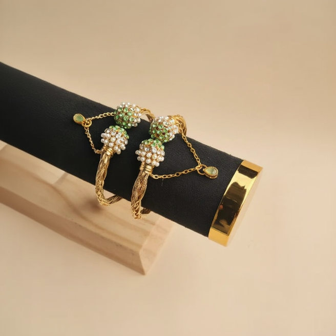 CH-63 - Luxury White Pearl & Green Diamond Gold - Bangle  Set Of 2