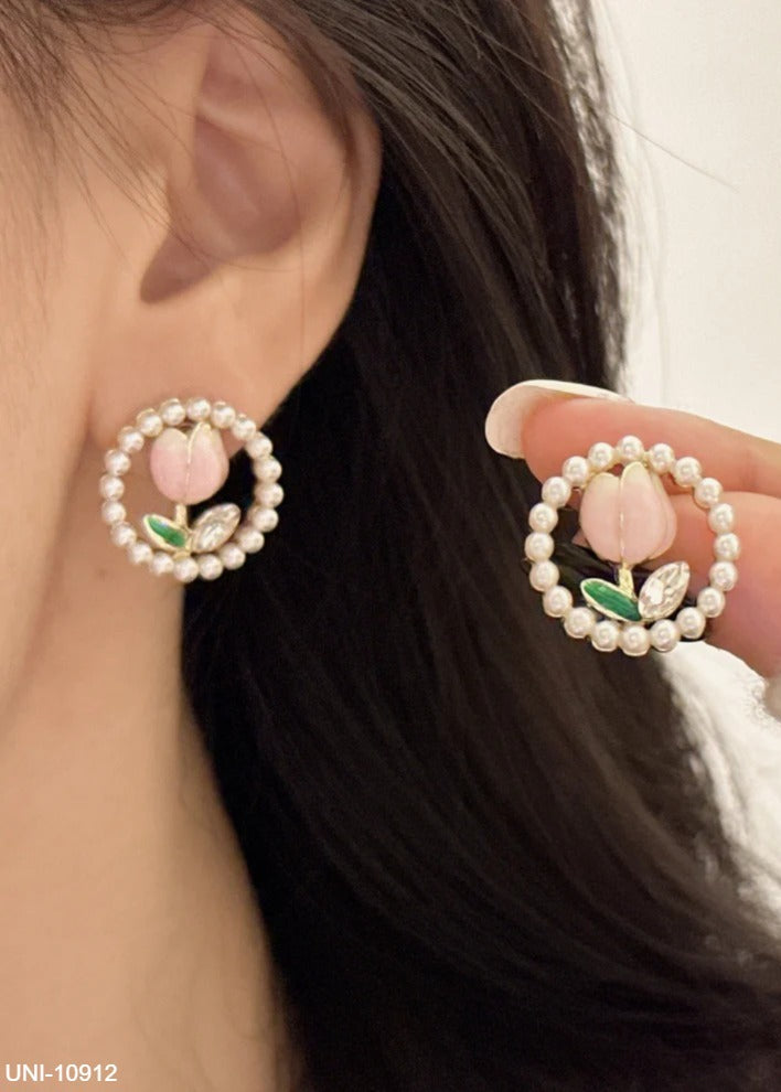 UNI-10912 - Pearl Round & Pink Tulip Flower  - Earring