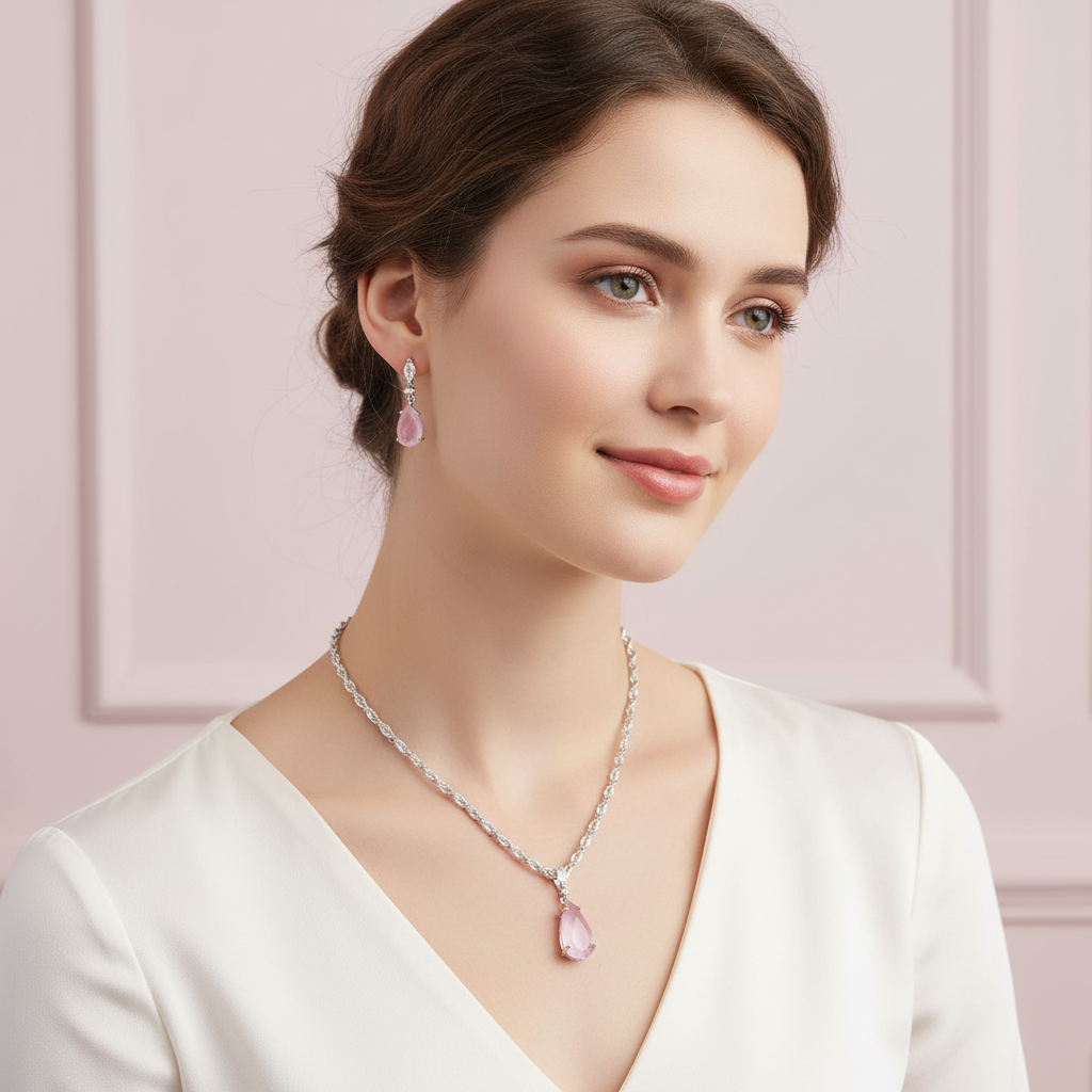 PJ-133  - Crystal Pink Natural Stone Rain Drop Diamonds Silver - Jewelry Set Of 2