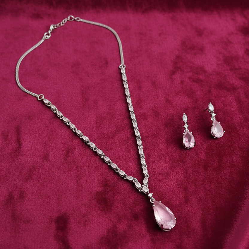 PJ-132 - Matte Pink Natural Stone Rain Drop Diamonds Silver - Jewelry Set Of 2