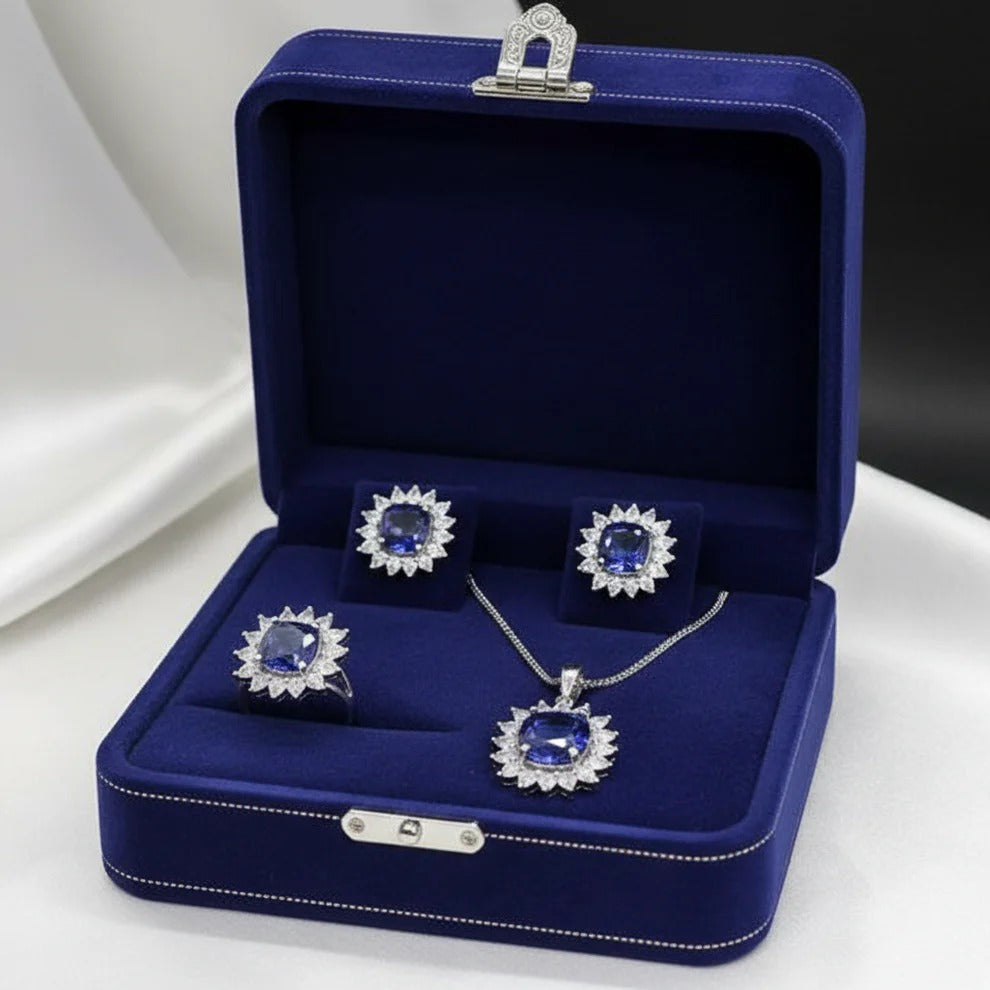 PJ-107 - Navy Blue Natural Stone Silver - Jewelry Set Of 3