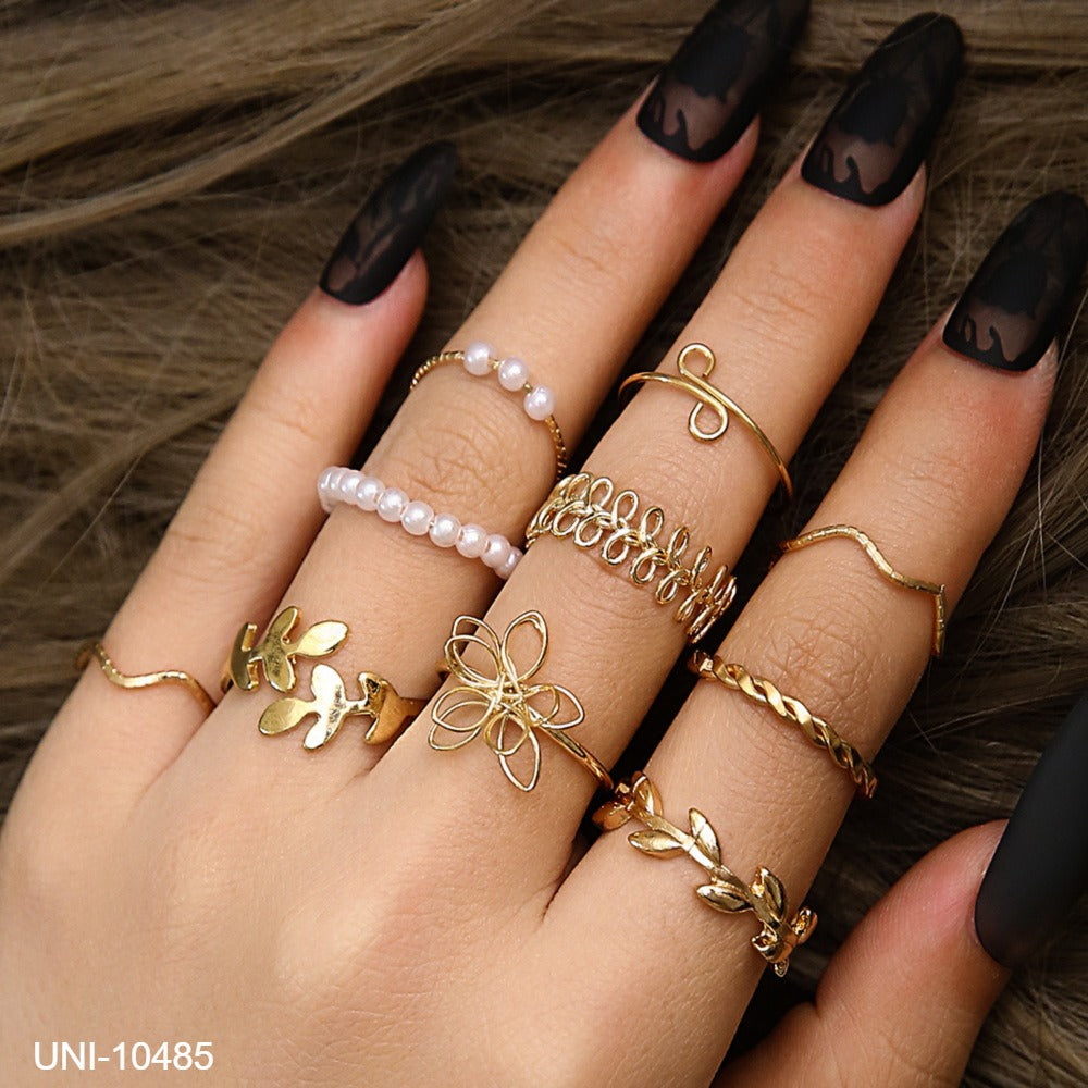 UNI-10485 - Flower & Leaf Plated - Ring Set Of 10 – ABW