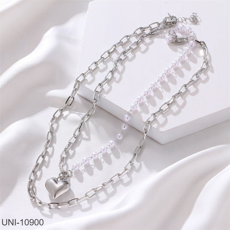 UNI-10900 -  Double Layer Pearl Heart & Chain Silver - Necklace