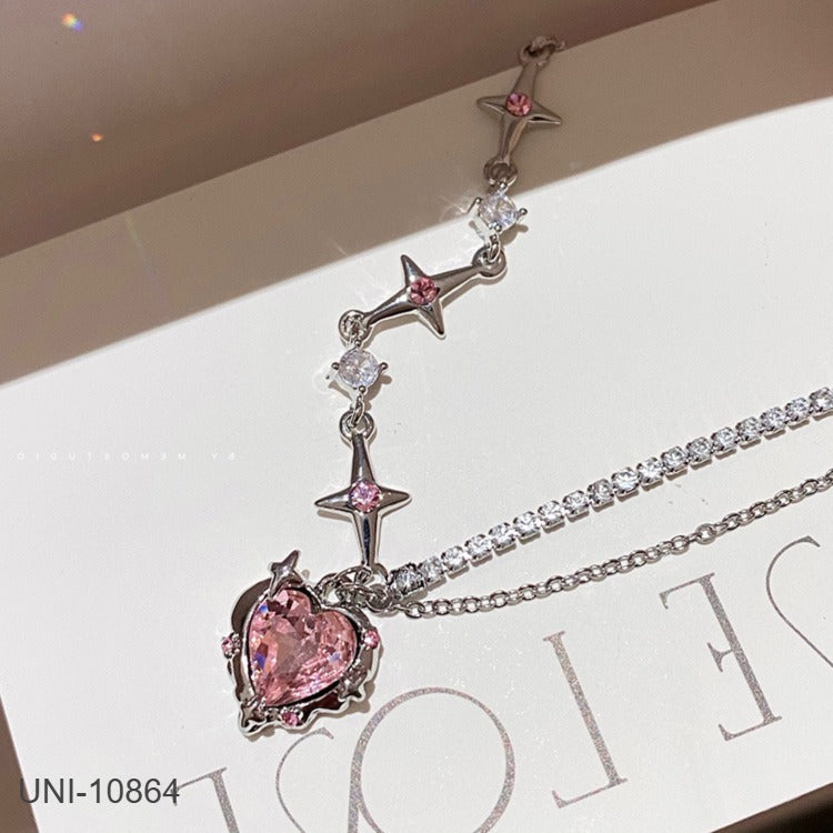 UNI-10864 -  Pink Heart Sparkle Chain Silver  - Necklace