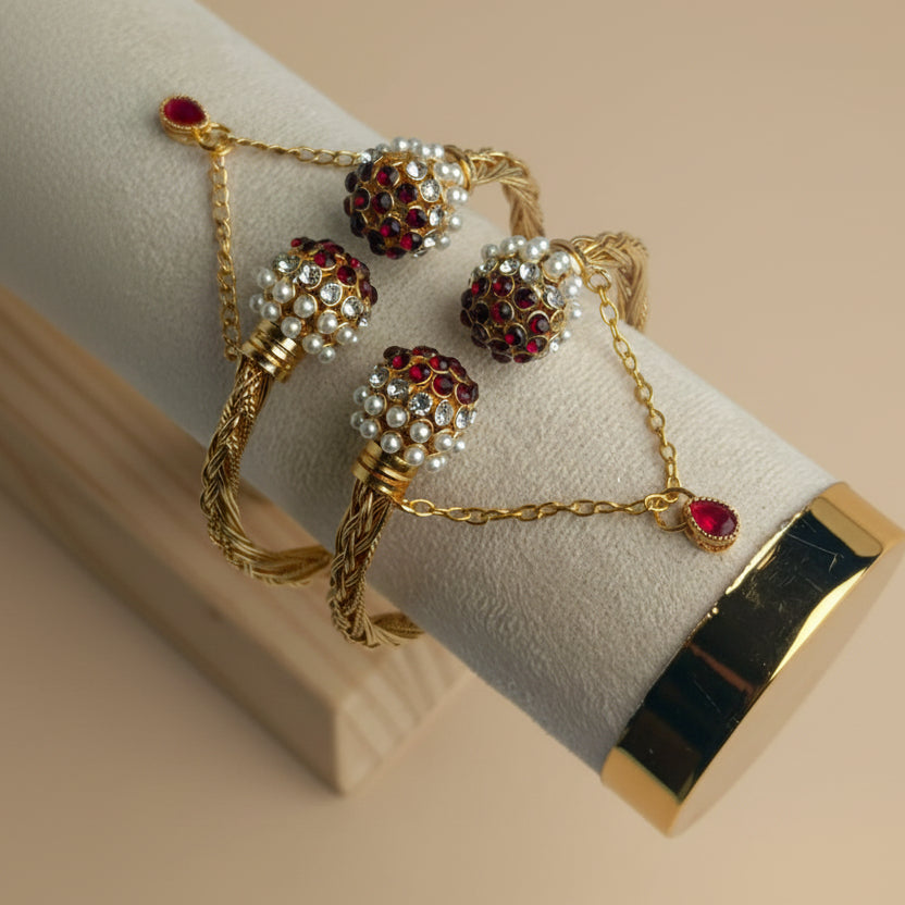 CH-66 - Luxury Pearl & Red Diamonds Gold - Bangle Set Of 2