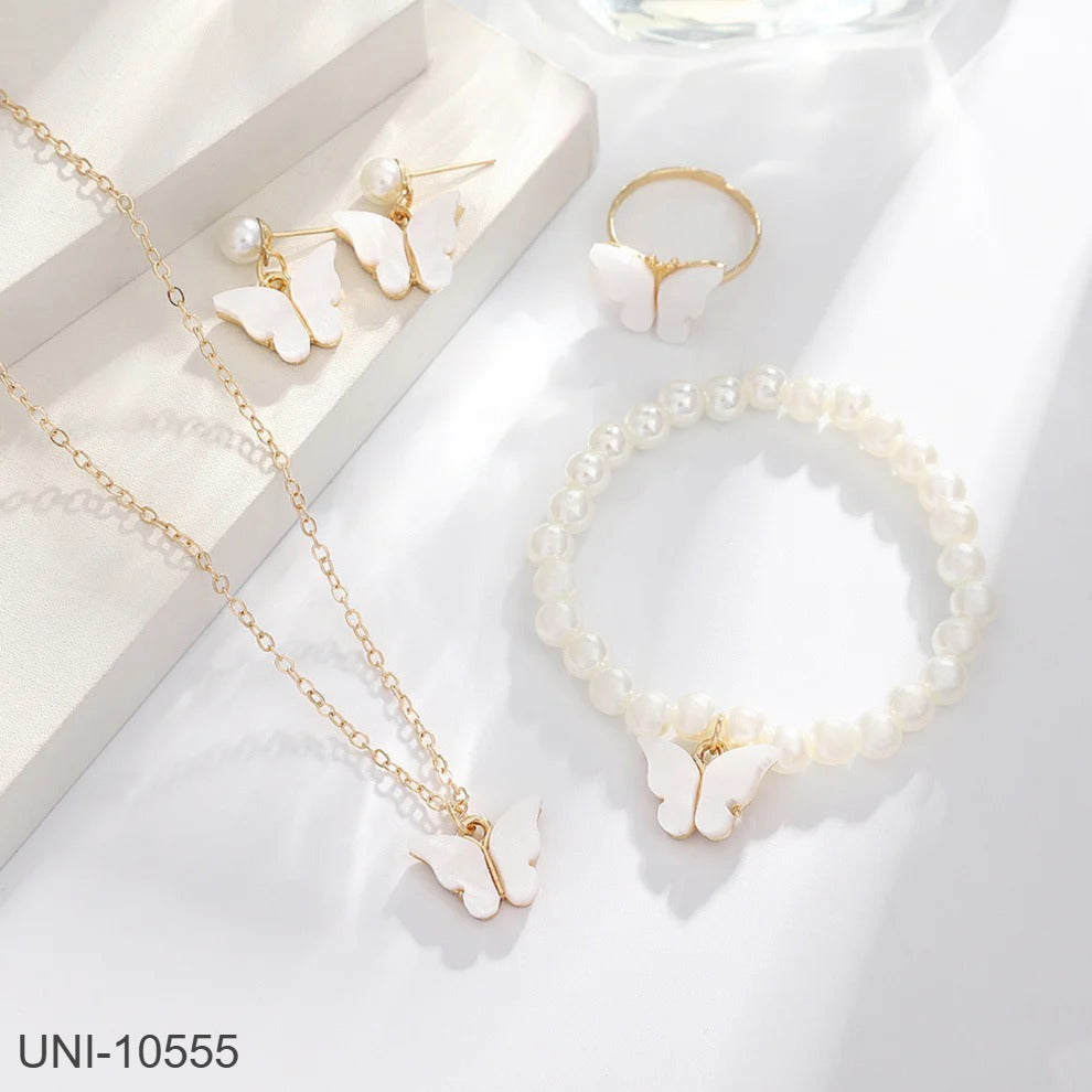 UNI-10555 - White Butterfly Pearl Gold  - Jewelry Set