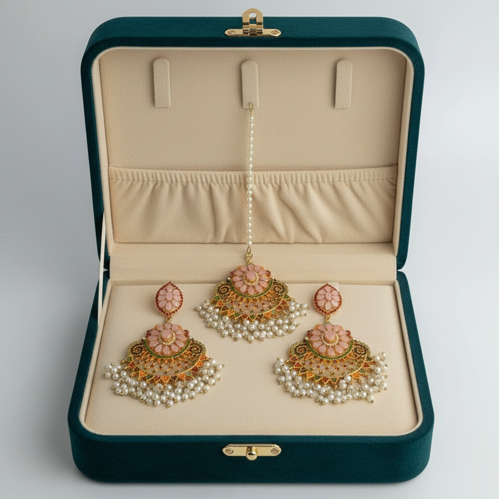 PJ-162 - Luxury Pearls & Pink Diamonds Gold - Jewelry Set