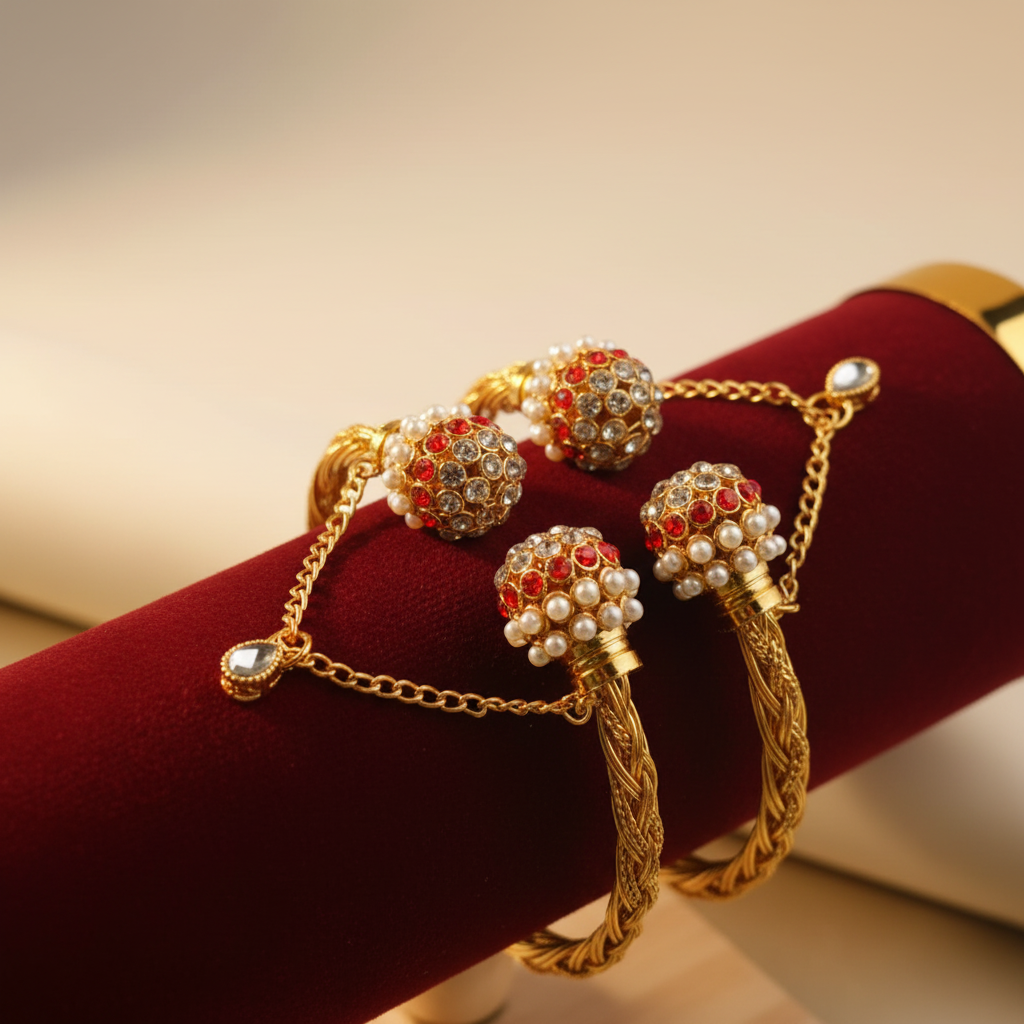 CH-64 - Luxury White Pearl & Orange Diamond Gold - Bangle  Set Of 2