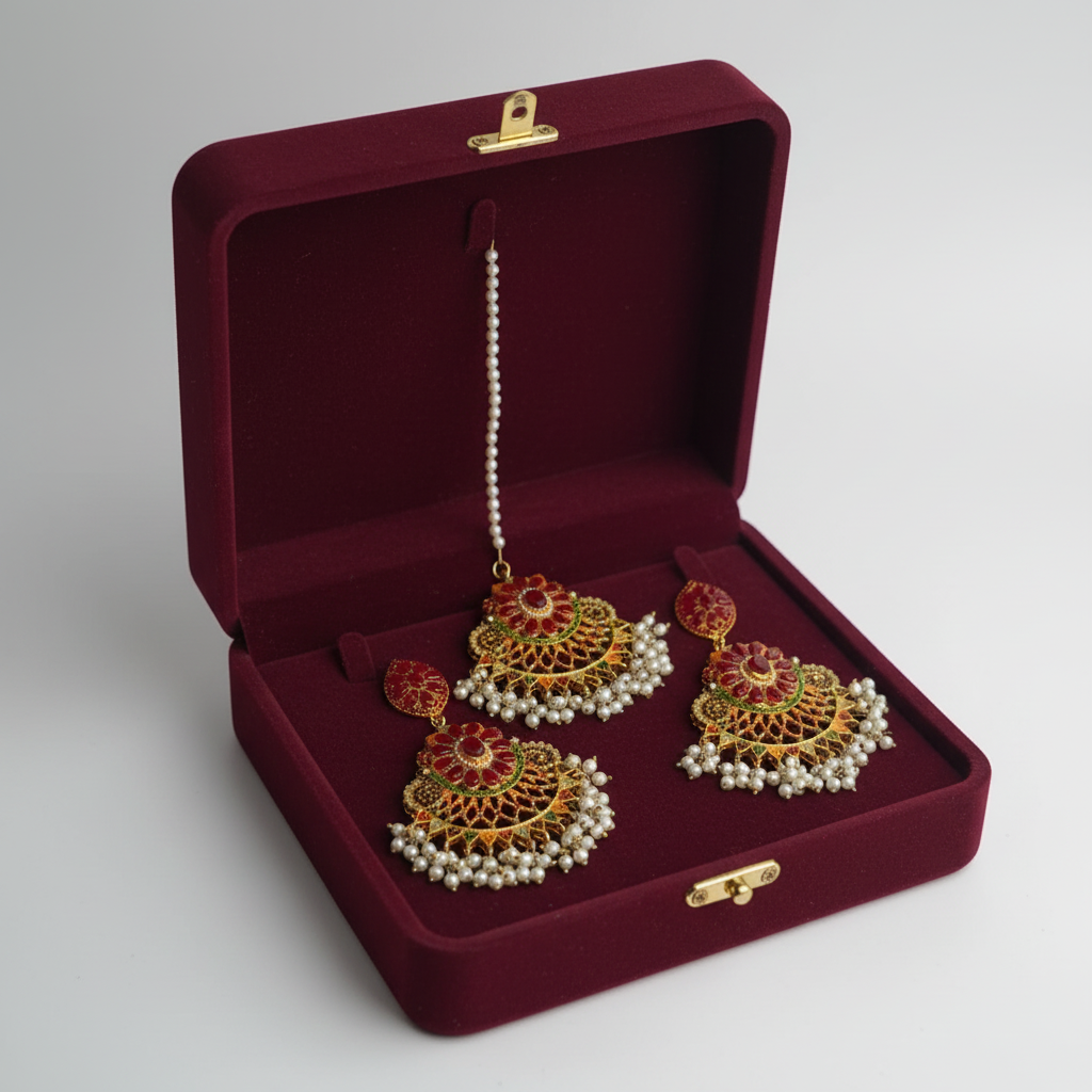 PJ-163 - Luxury Pearls & Maroon Diamonds Gold - Jewelry Set