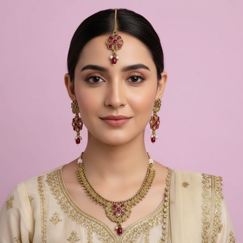 PJ-124 - Premium Gold Flowers Maroon & Pink Diamonds  - Jewelry Set