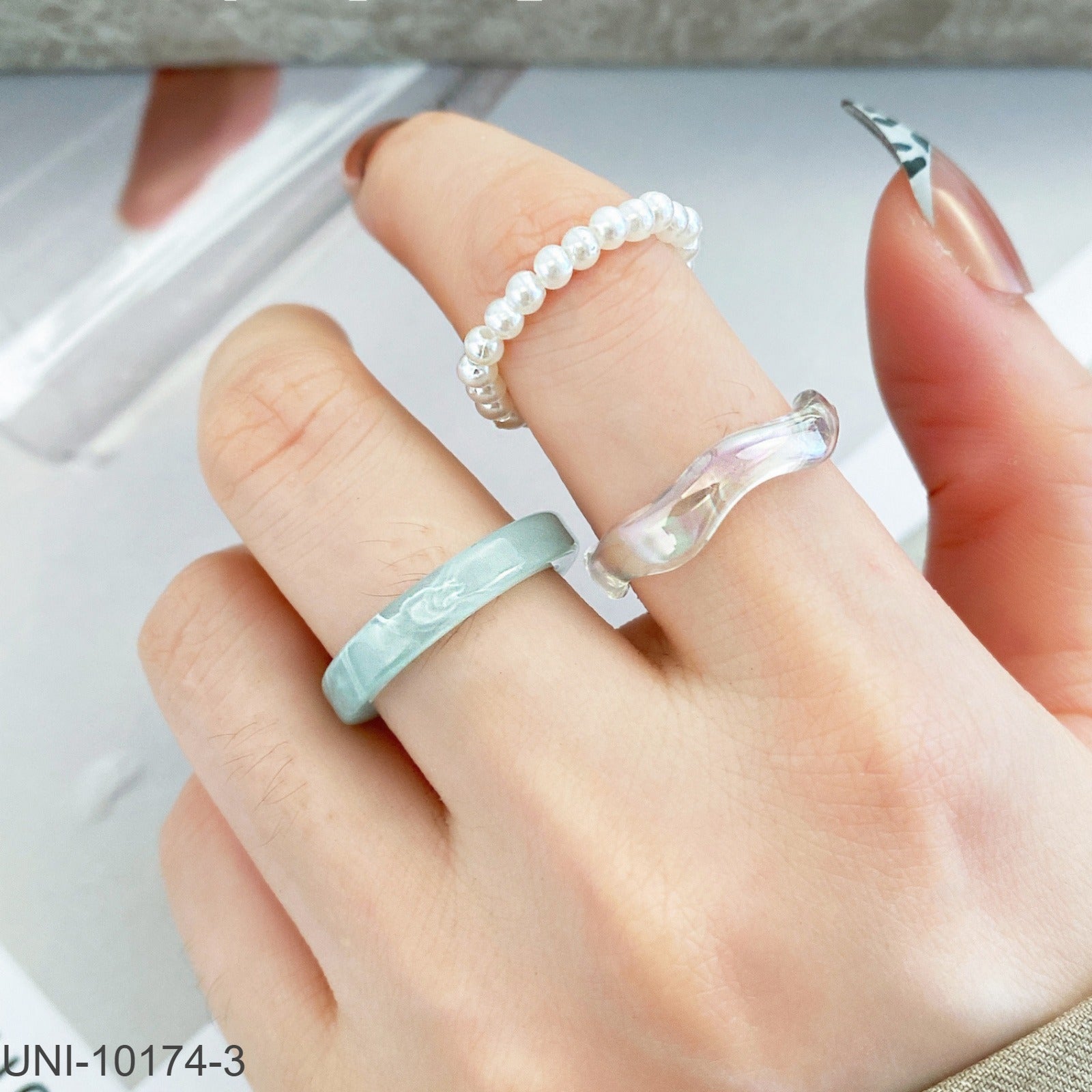 UNI-10174-3 - Shiny Pearl - Ring Set of 3 - Style 1