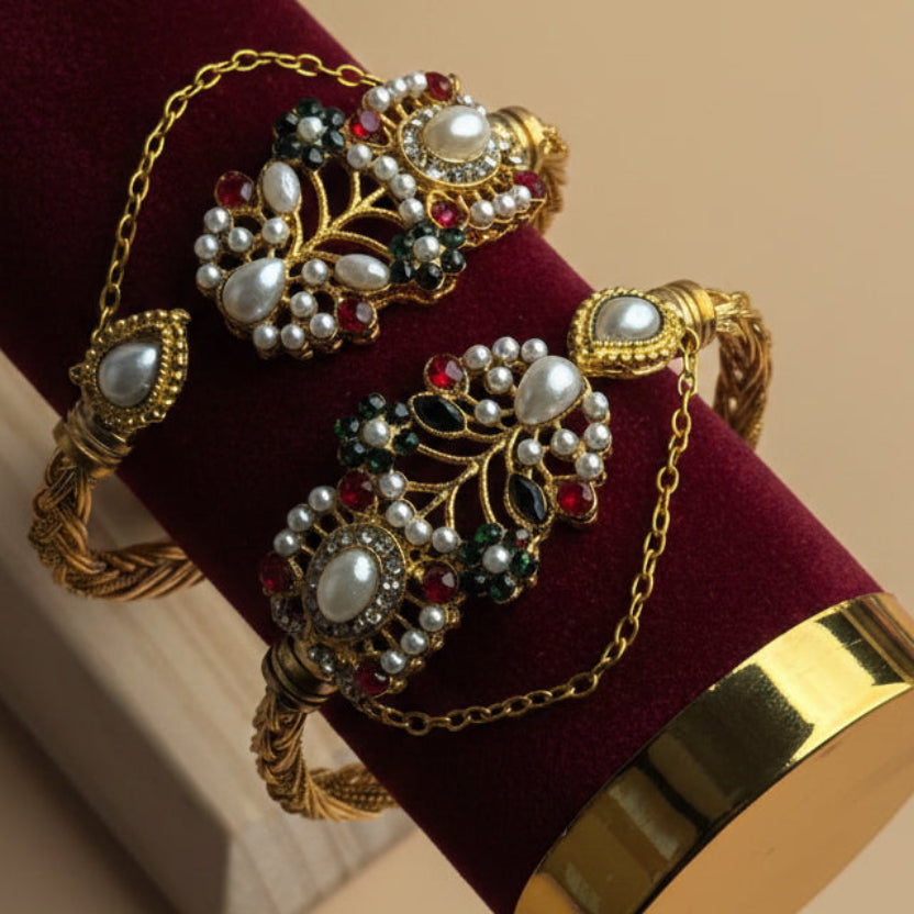 CH-110 - Luxury Pearl & Diamonds Gold - Bangle Set Of 2