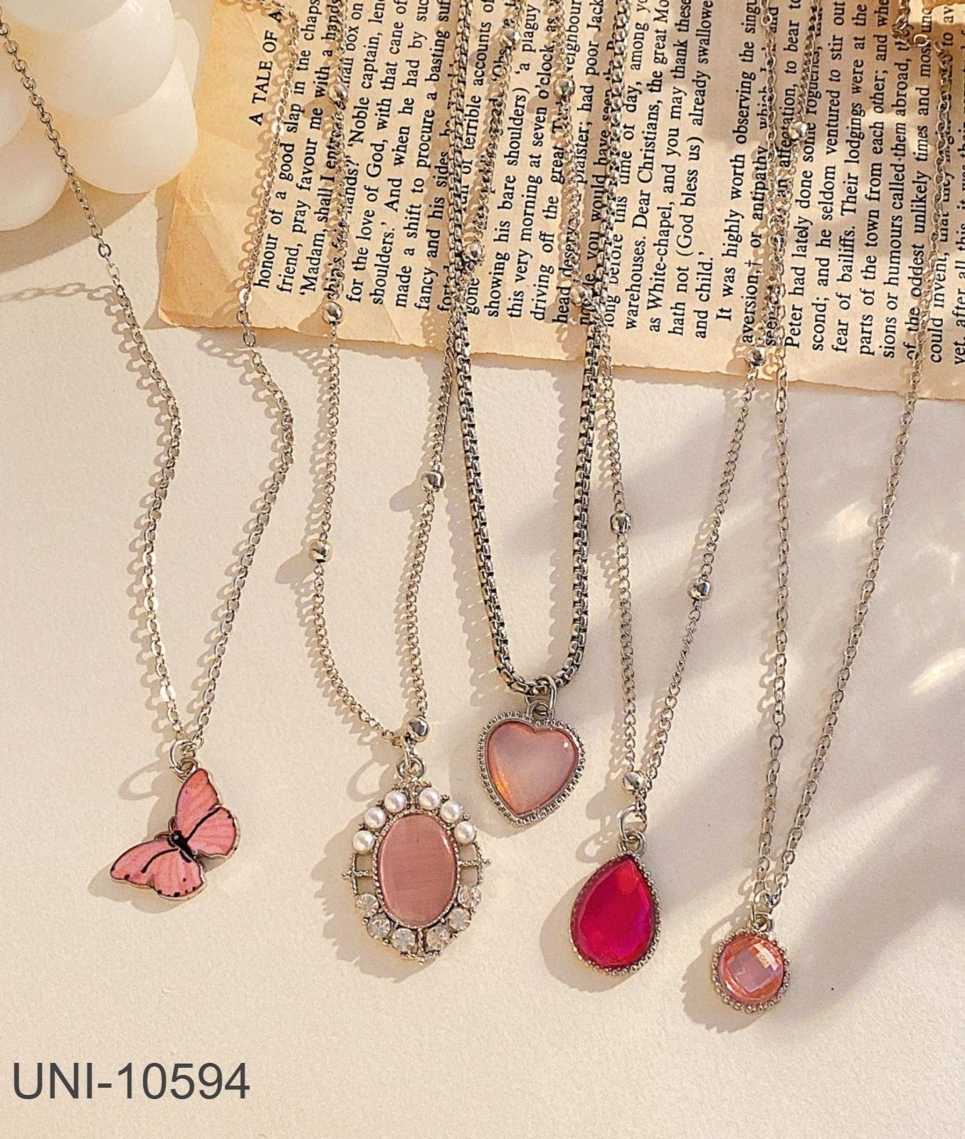 UNI-10594 - Pink Gem & Butterfly - Necklace Set Of 5
