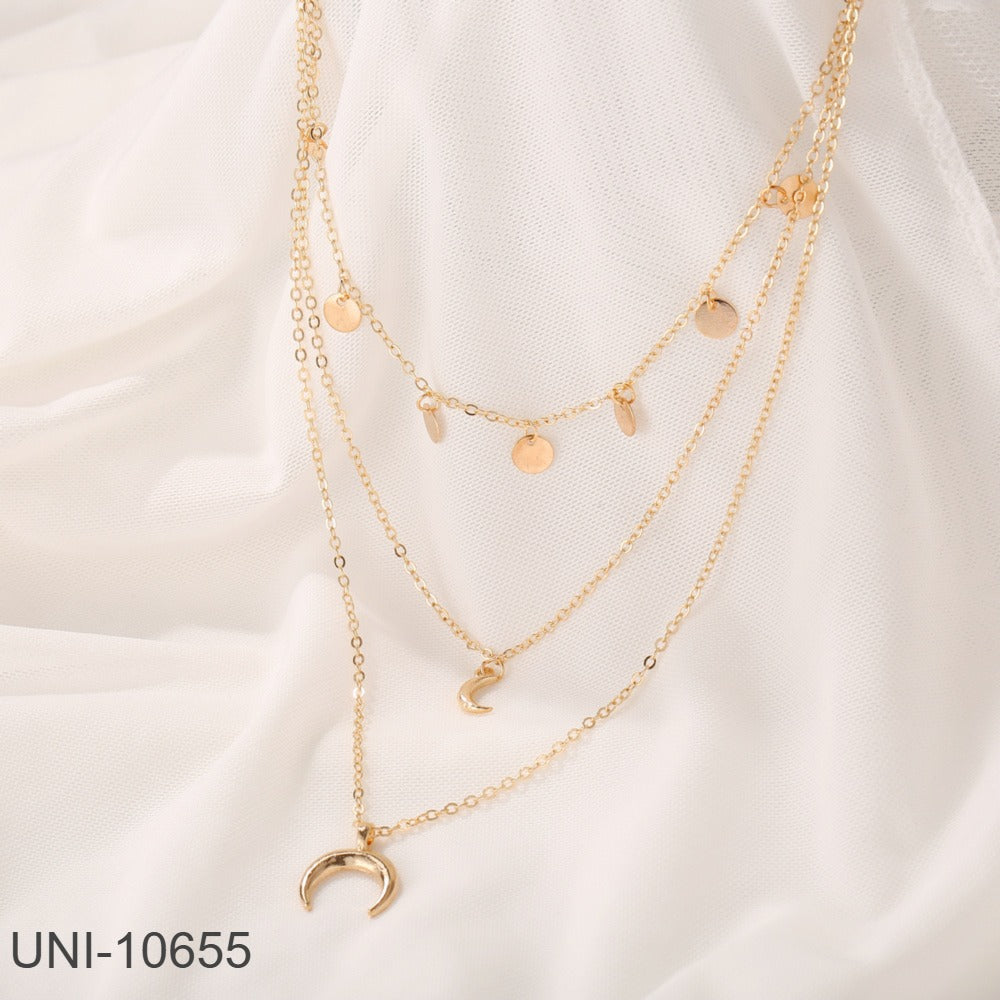 UNI-10655 - 3 Layered Moon & Gold Circle  - Necklace Set