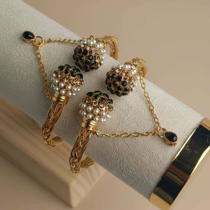 CH-67 - Luxury Pearl & Black Diamonds Gold - Bangle Set Of 2