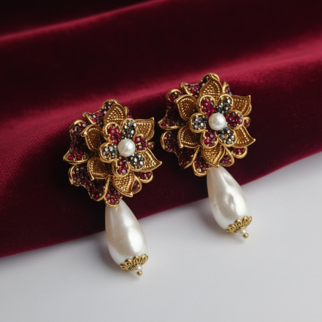 PJ-193 - Black & Maroon Flower Luxury Vintage Gold  - Earring