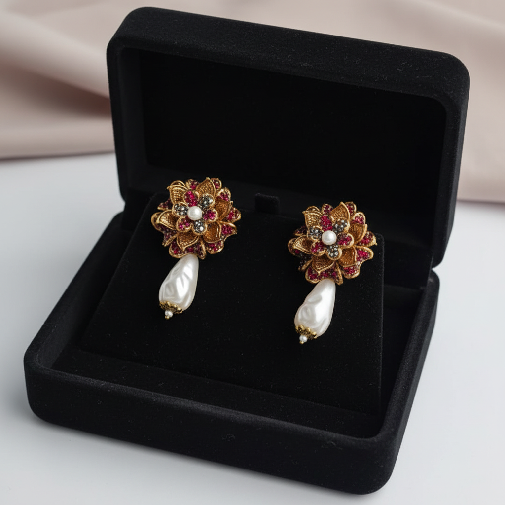 PJ-193 - Black & Maroon Flower Luxury Vintage Gold  - Earring
