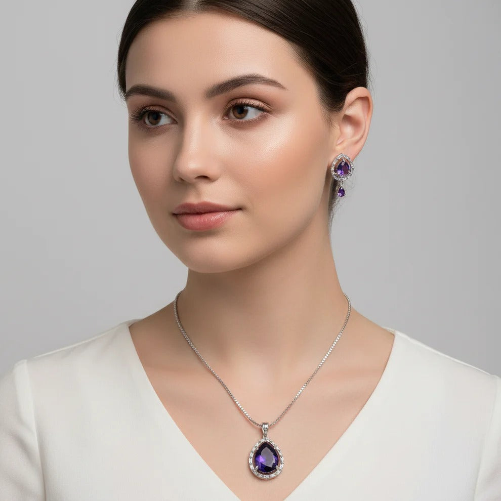PJ-104 - Purple Natural Stone Silver - Jewelry Set