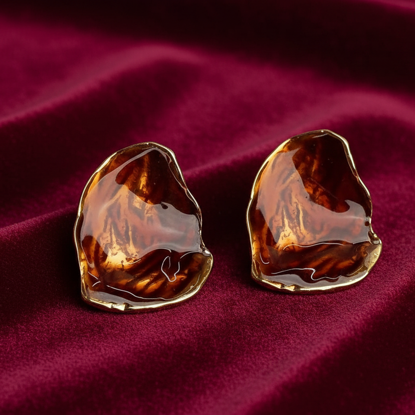 UNI-12104-3 - Enameled Amber Coffee Gold - Earring