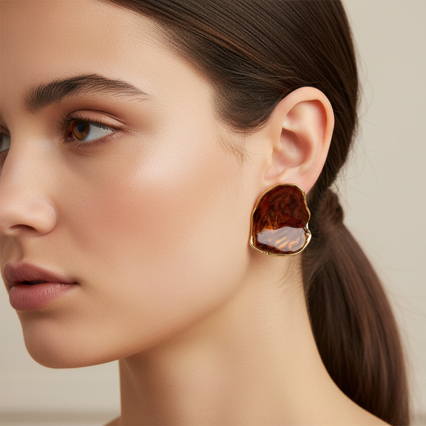 UNI-12104-3 - Enameled Amber Coffee Gold - Earring