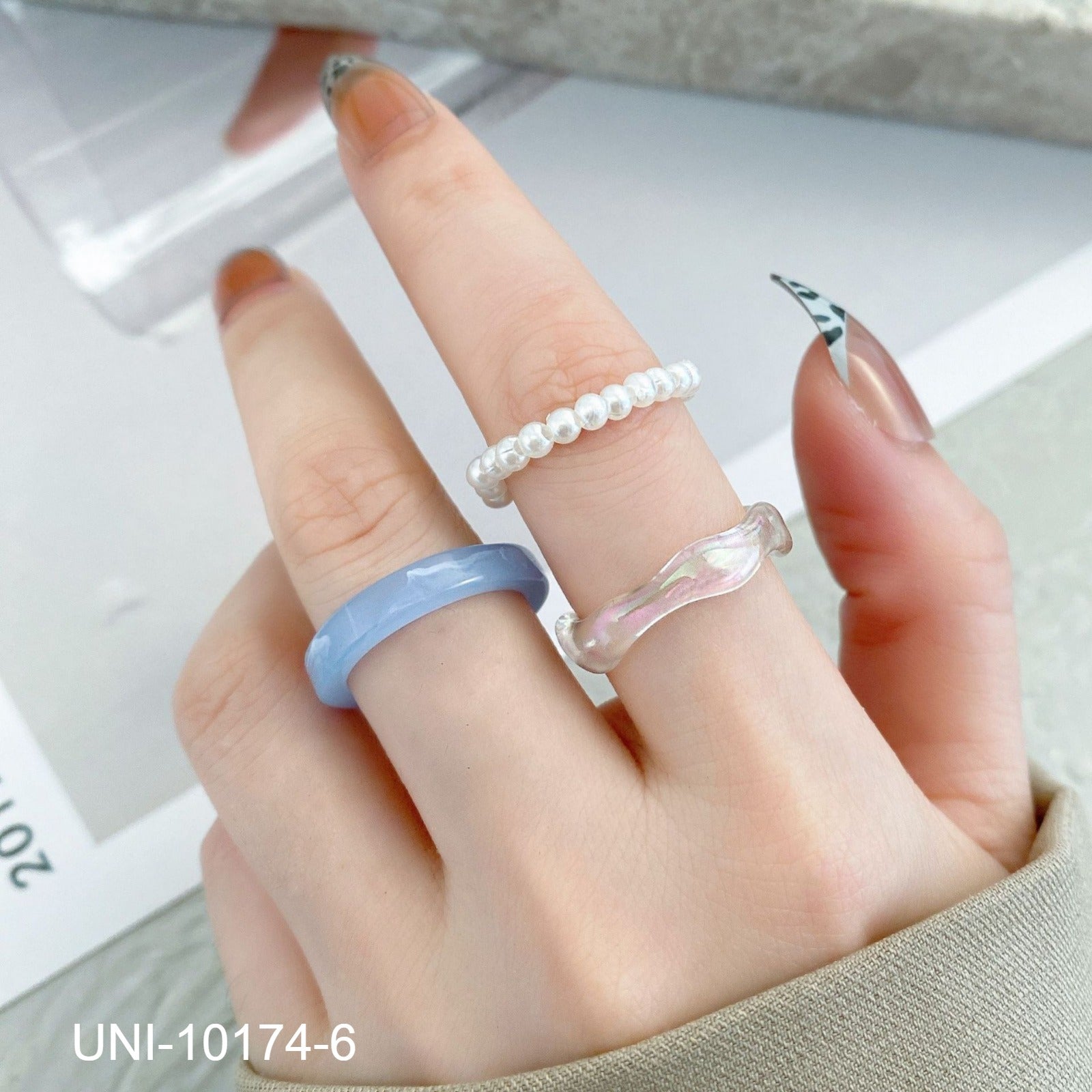 UNI-10174-6 - Shiny Pearl - Ring Set of 3 - Style 4