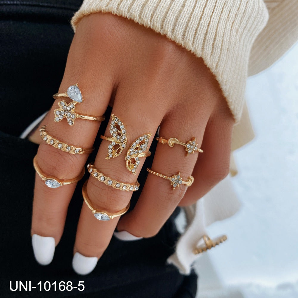 UNI-10168-5 - Sparkle Butterfly Diamond Gold - Ring Set Of 8