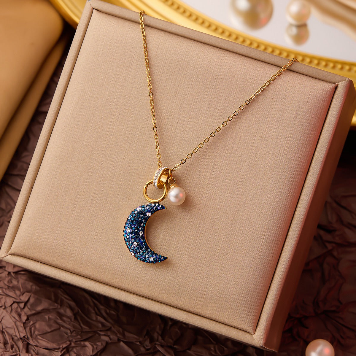 SS-10824 - Navy Diamonds Moon Gold  - Necklace