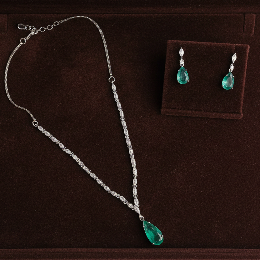 PJ-136  - Turquoise Natural Stone Rain Drop Diamonds Silver - Jewelry Set Of 2
