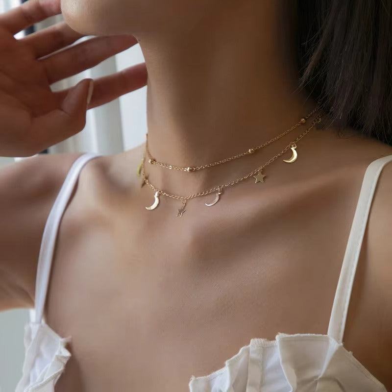 UNI-10456 - Gold Moon & Star Double Layer - Necklace