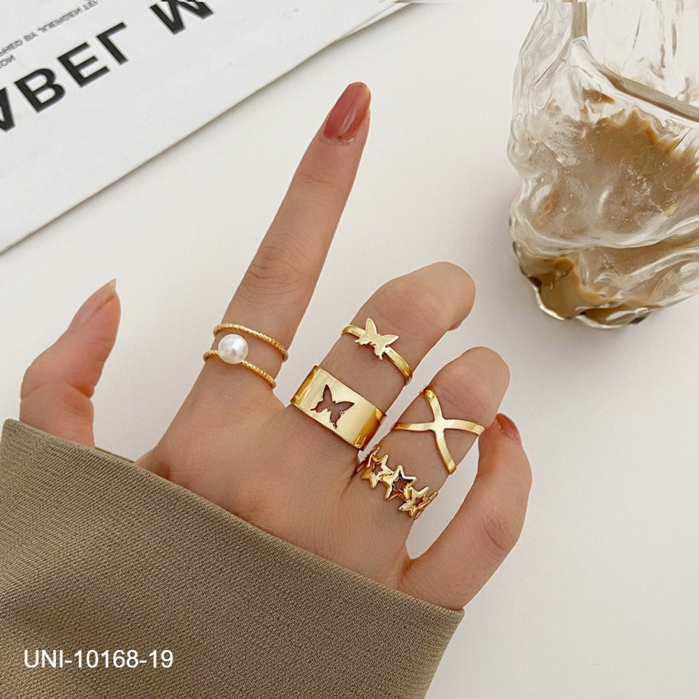 UNI-10168-19 - Butterfly & Pearl Gold - Ring Set Of 5