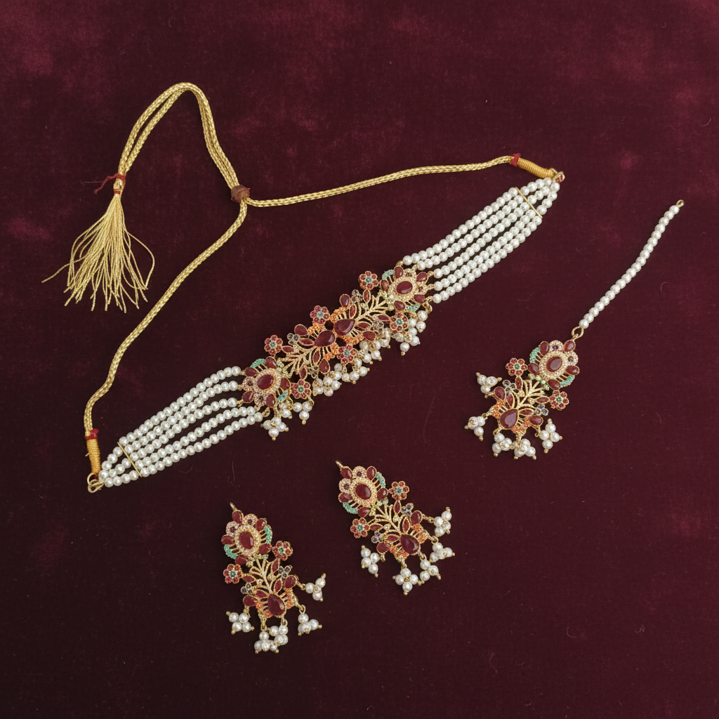 PJ-149 - Maroon & Gold  Mala - Jewelry Set