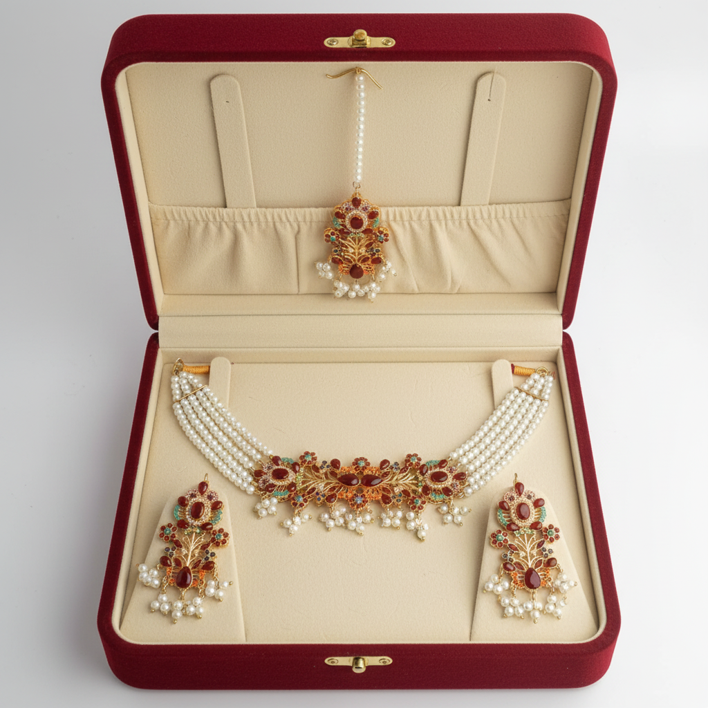 PJ-149 - Maroon & Gold  Mala - Jewelry Set