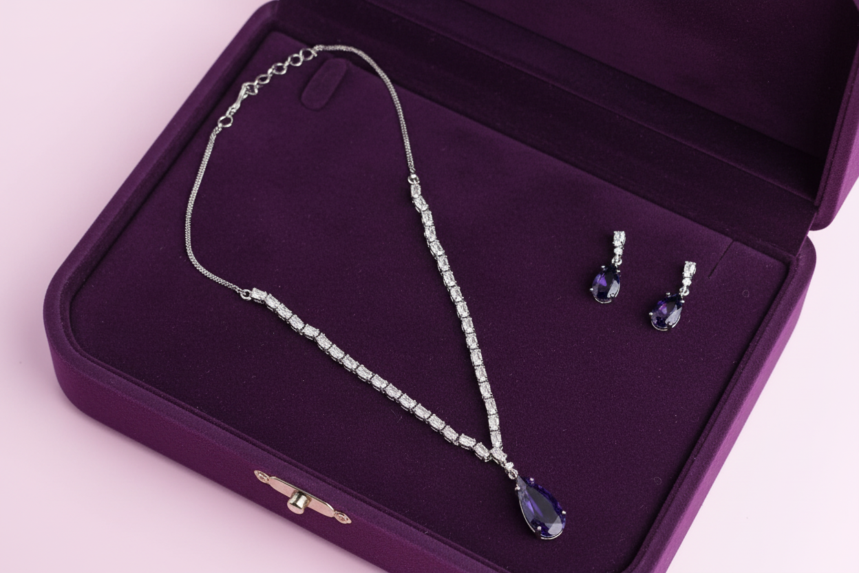 PJ-139  - Crystal Purple Natural Stone Square  Diamonds Silver - Jewelry Set Of 2