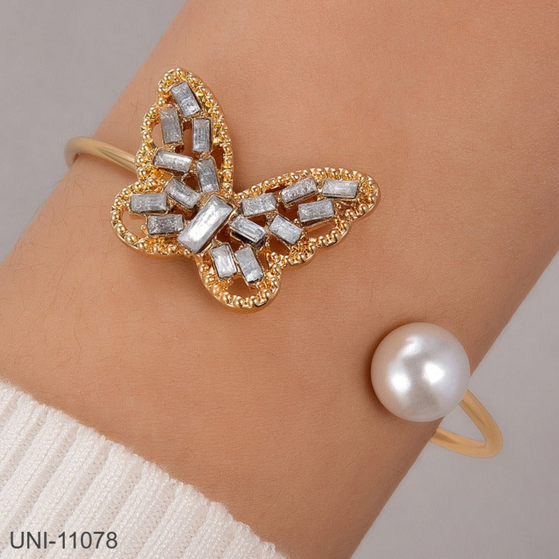 UNI-11078 - Pearl & Blingy Butterfly Gold Bangle - Bracelet