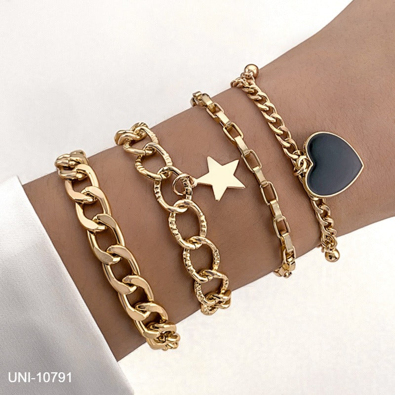 UNI-10791 - Black Heart & Star Charms Gold Chain  - Bracelet Set of 4